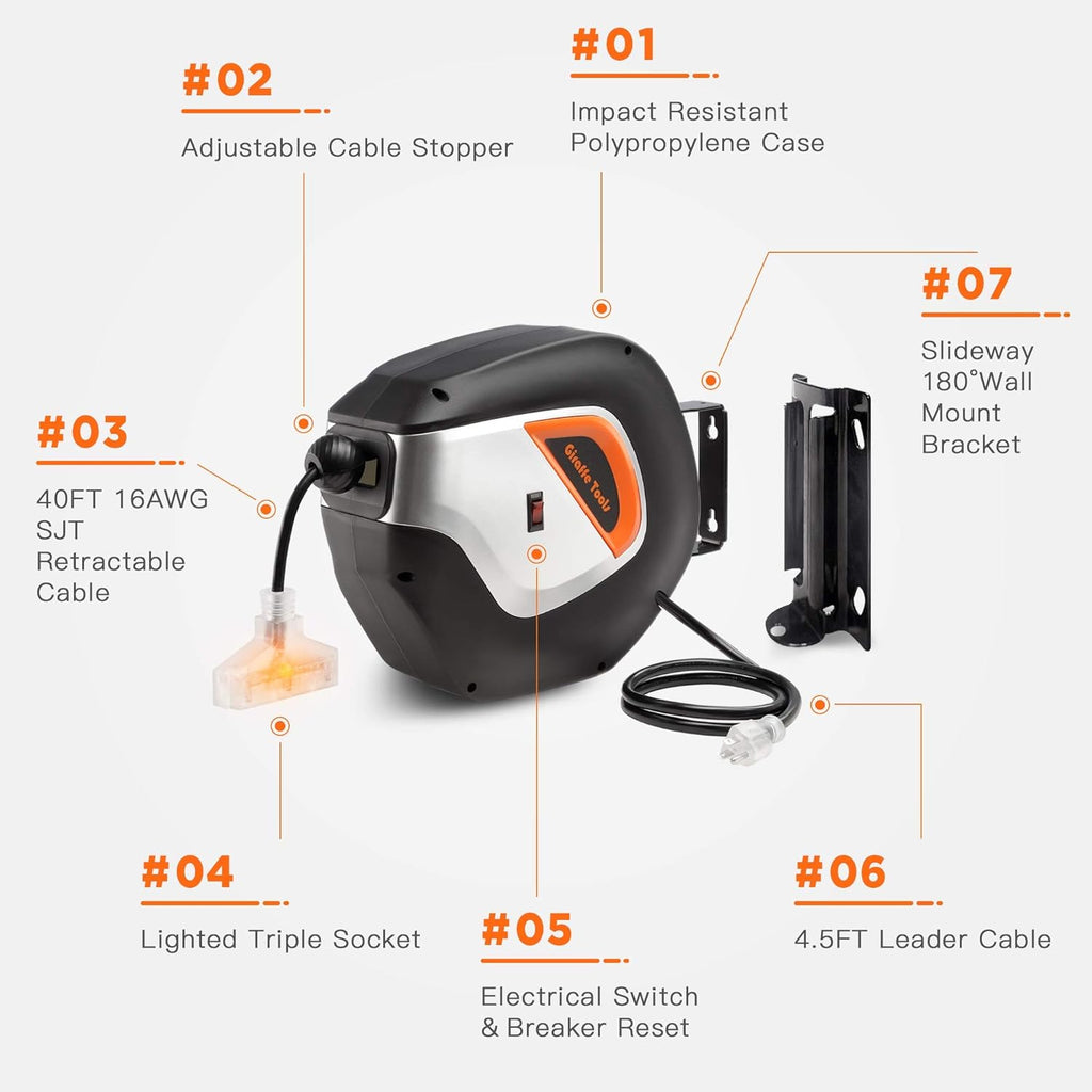 Retractable Extension Cord Reel 40ft Heavy Duty with Swivel Bracket Lighted Triple Tap W518400