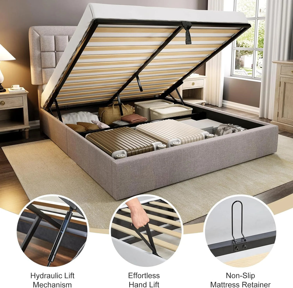 Queen Size Light Grey Upholstered Storage Bed Frame K972