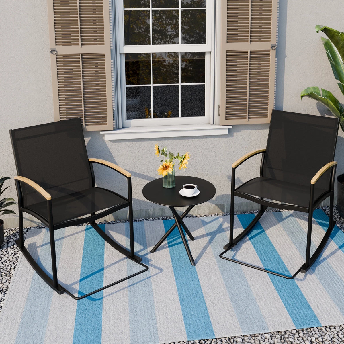 3 Pieces Patio Set Rocking Bistro Textilene Chair Black P704046