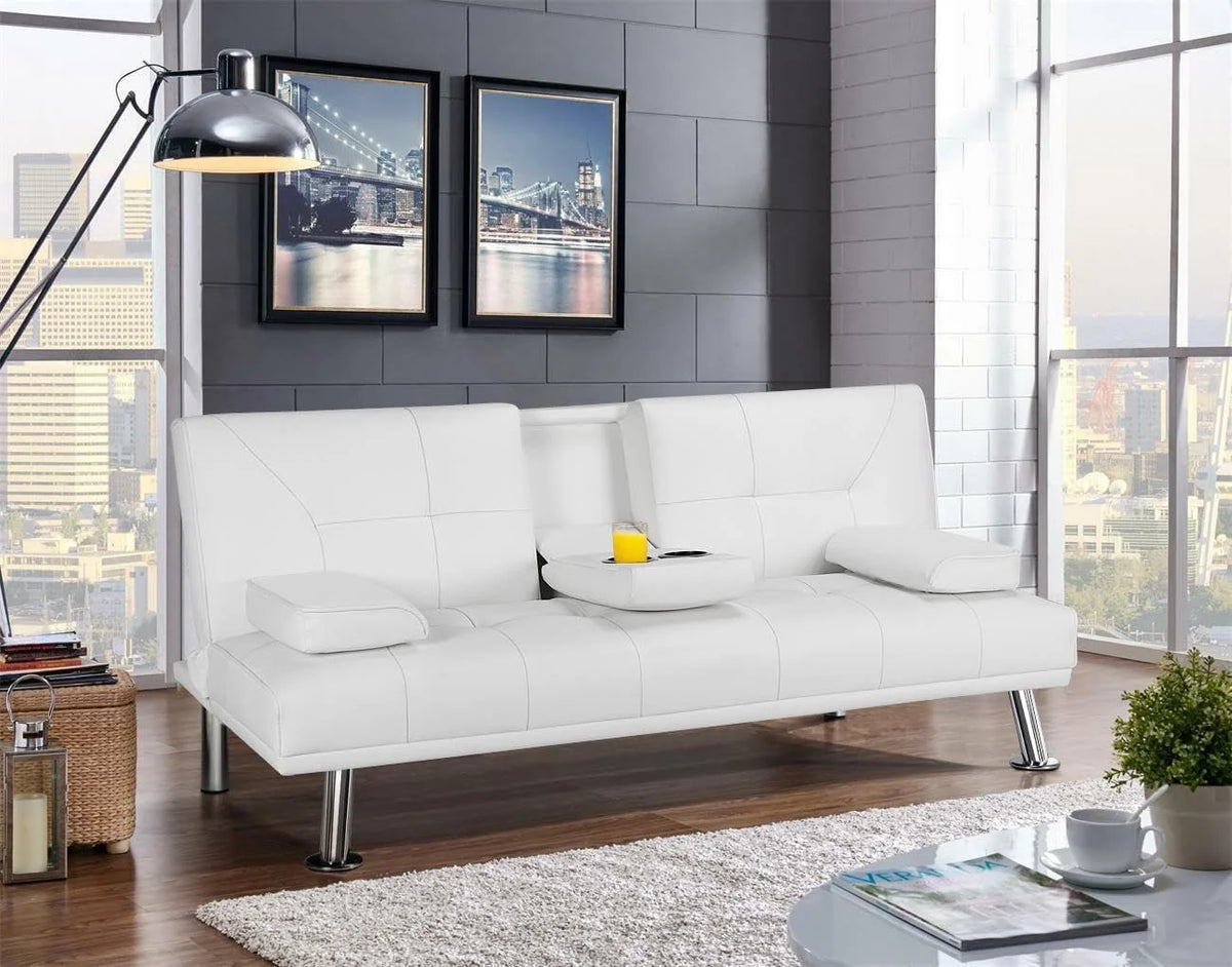 White Faux Leather Futon Set Convertible Sleeper Loveseat Daybed C815794