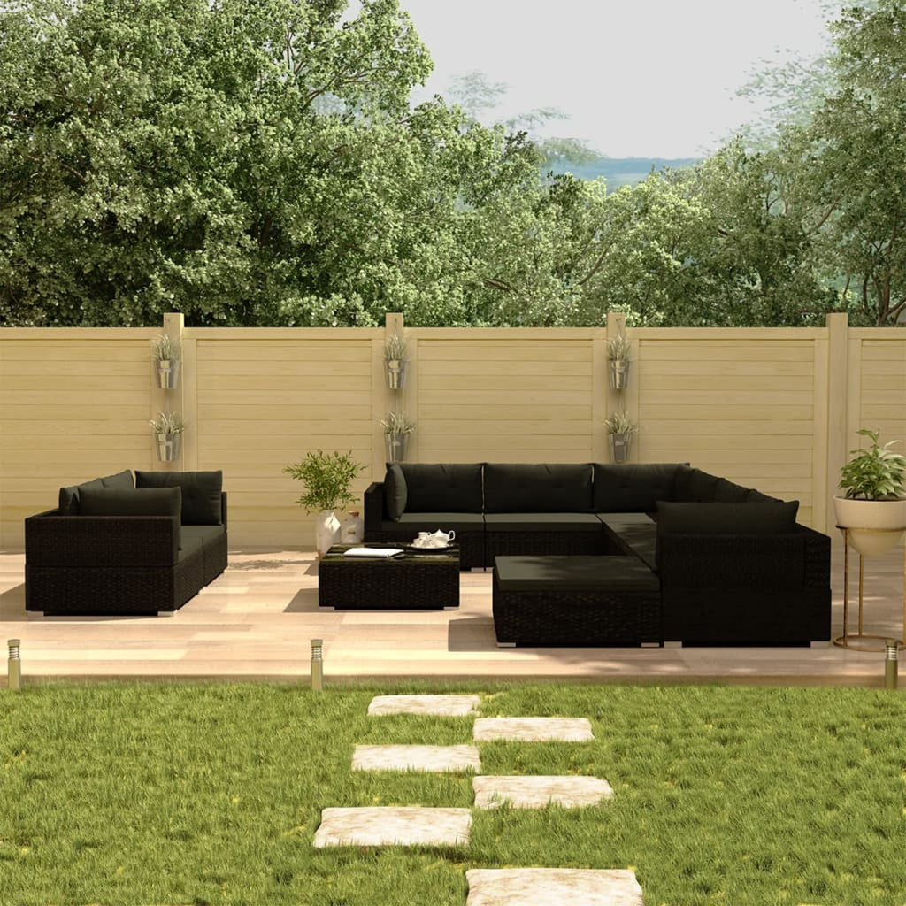 10 Piece Black Poly Rattan Outdoor Sectional Sofa Set Y29031