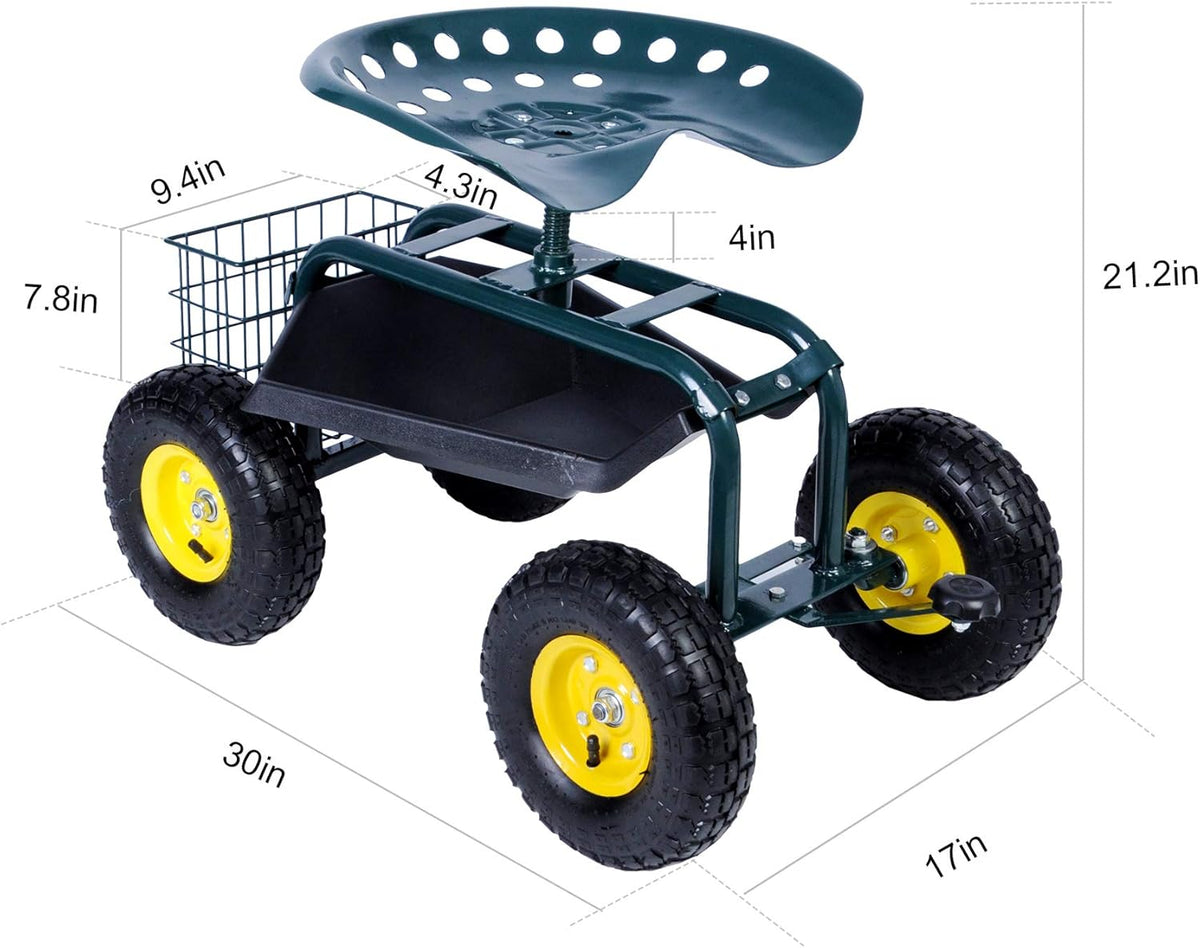 Green Steerable Garden Stool Cart with Tool Tray and Storage Basket on Wheels W83847