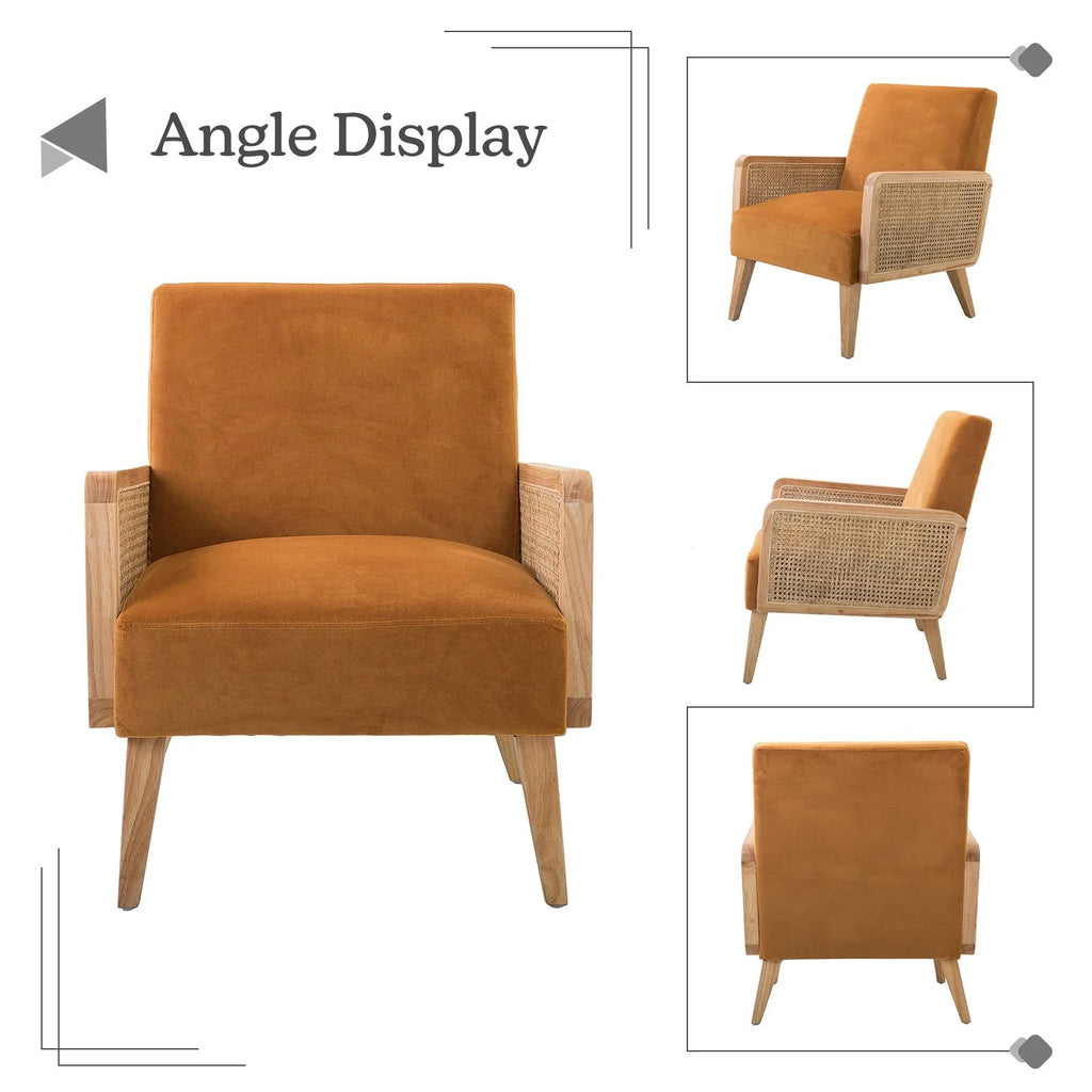 Yellow Fabric Upholstered Accent Chair with Rattan Armrests Z44437