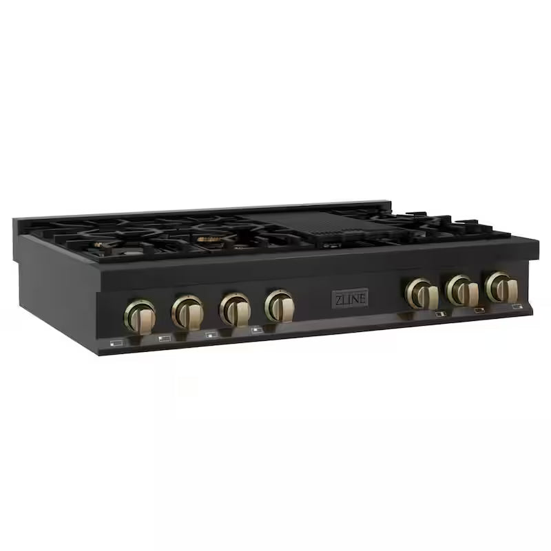 48 in. 7 Burner Gas Cooktop with Champagne Bronze Knobs in Black Stainless Steel P9209