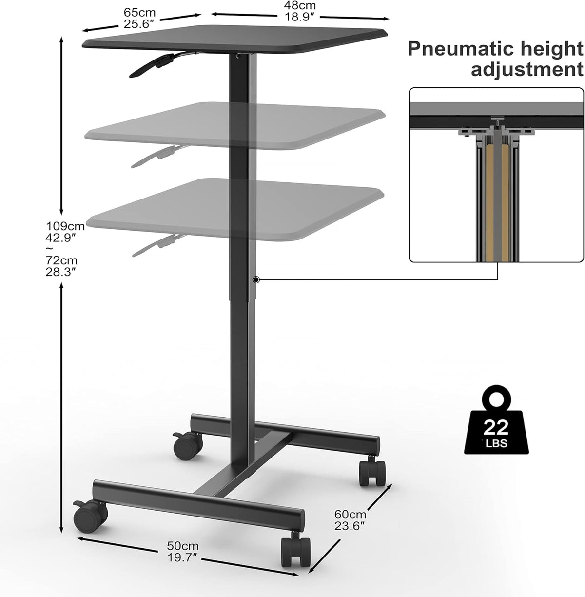 Mobile Desk Computer Desk with Lockable Wheels, Height Adjustable Laptop Cart J3766
