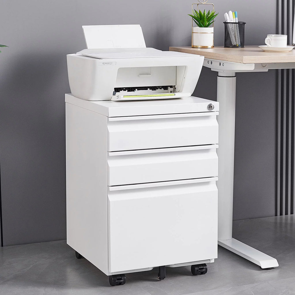 3 Drawer White Mobile File Cabinet with Lock U591