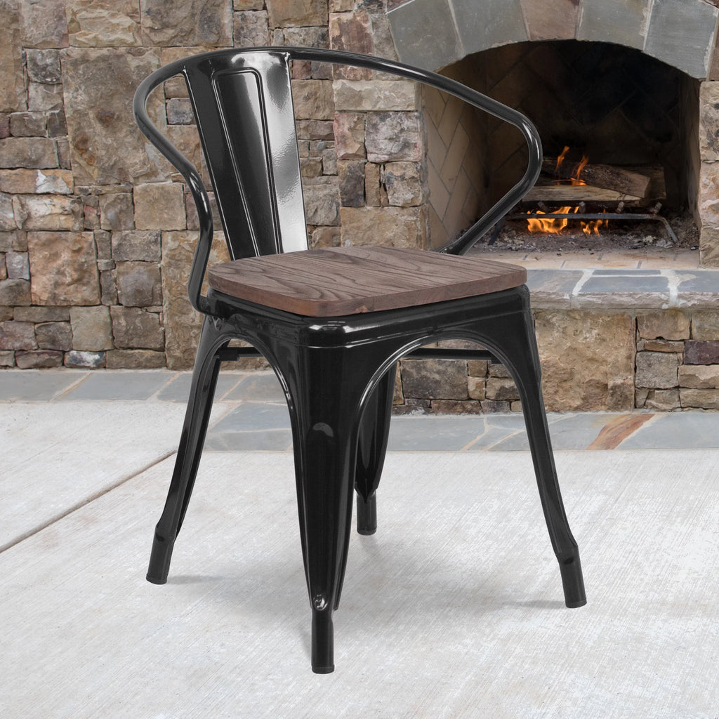 Black Metal Chair with Wood Seat and Arms A28022