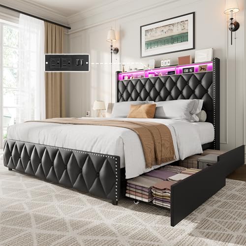 Queen Velvet Upholstered Bed Frame with 4 Storage Drawers, Beige G6066