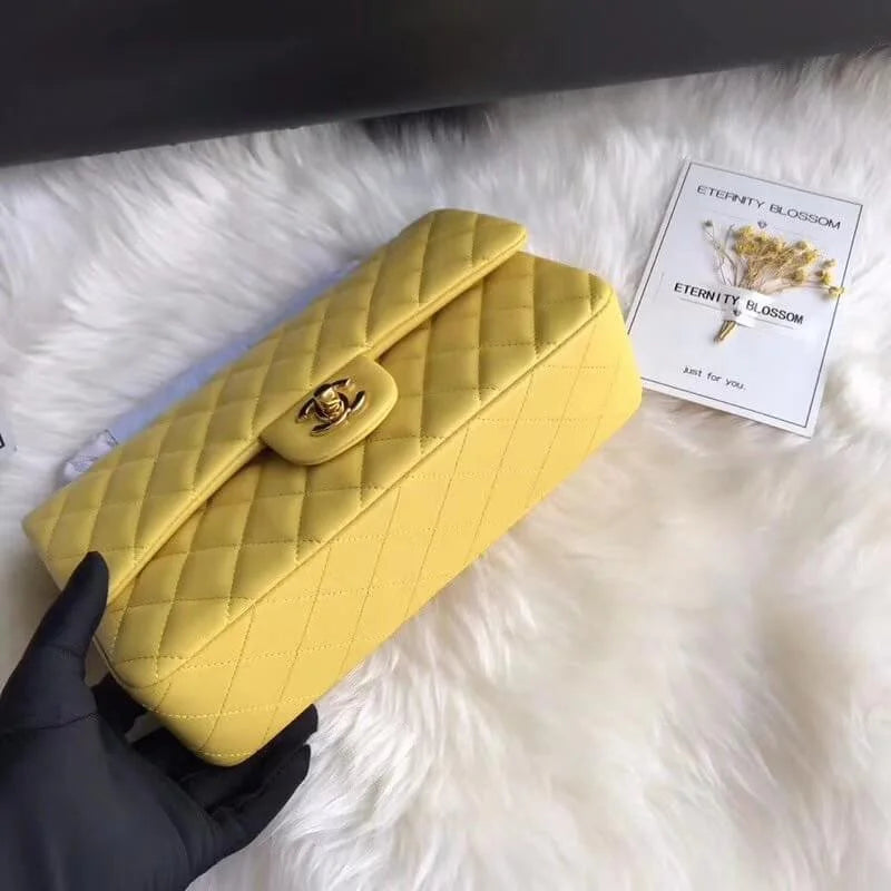 Yellow Medium Lambskin Leather Flap Bag Q55374