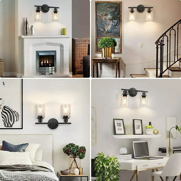 2 Light Matte Black Vanity Light with Glass F452