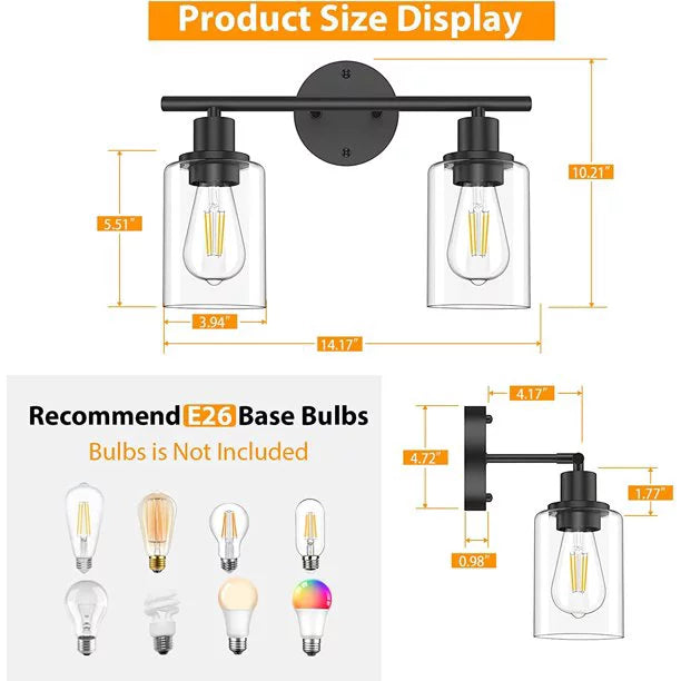 2 Light Matte Black Vanity Light with Glass F452