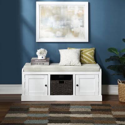 White Wood Storage Bench with 2 Cabinets and 1 Basket Z519007