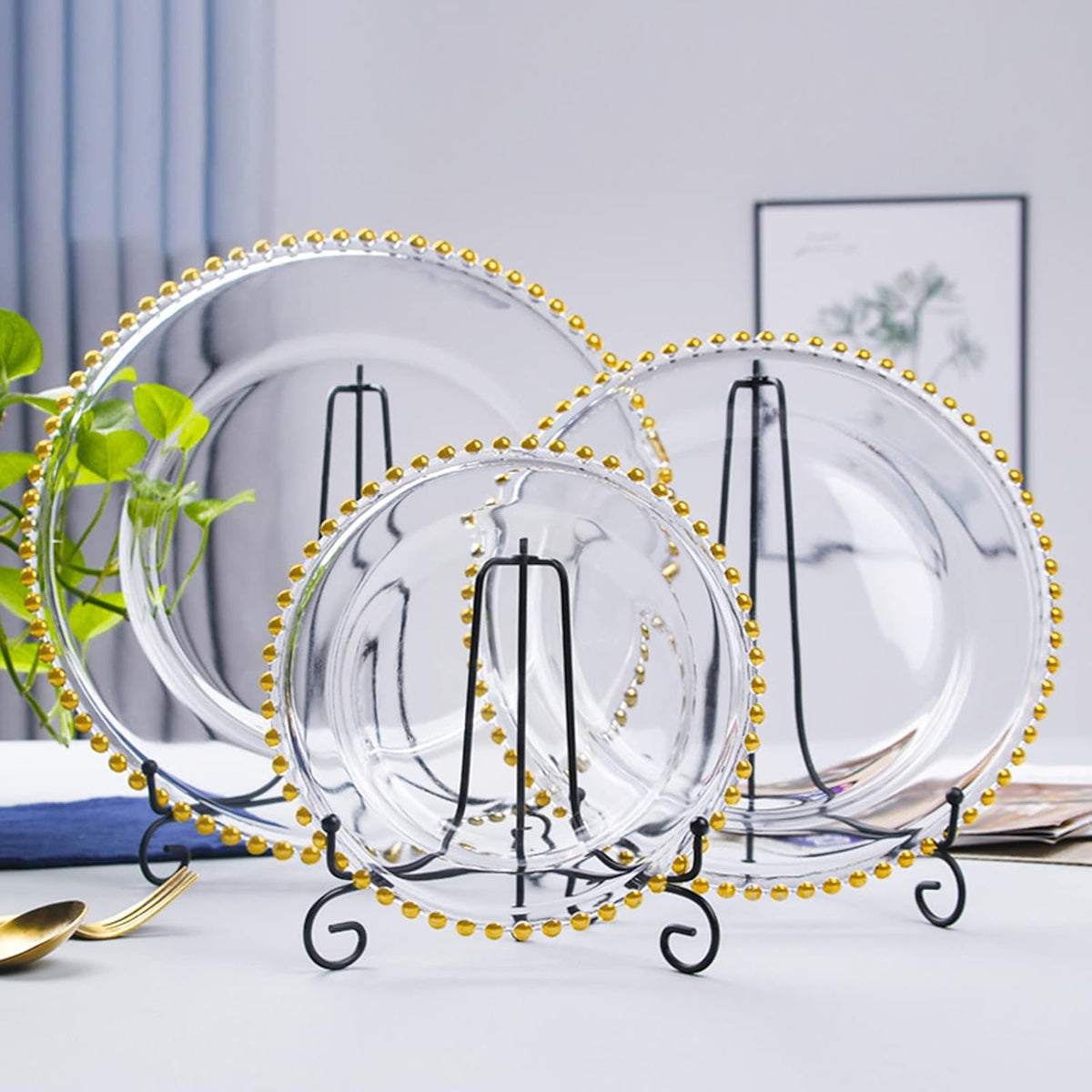 6 Pcs Clear Acrylic Charger Plates with Gold Bead I418