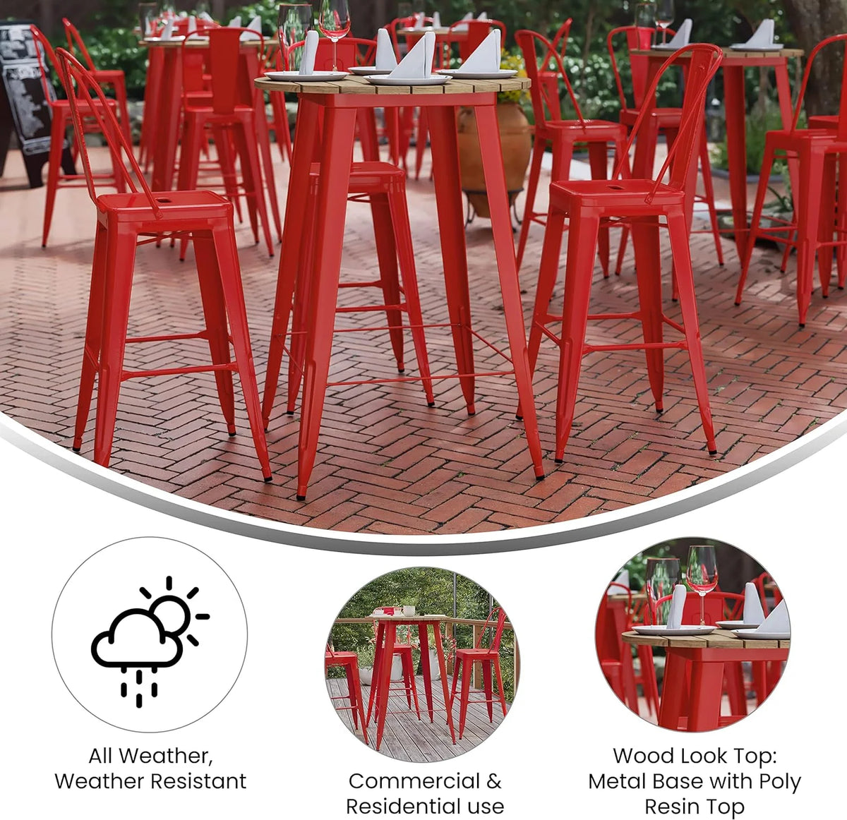 Indoor/Outdoor Bar Top Table 30" Round Brown Resin Top Red Steel Base U8265