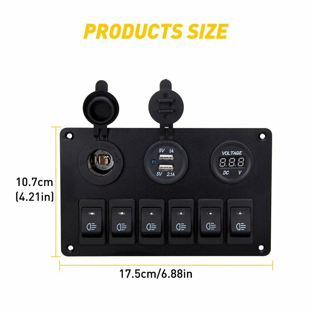 6 Gang Blue LED Waterproof Rocker Switch Panel C360613