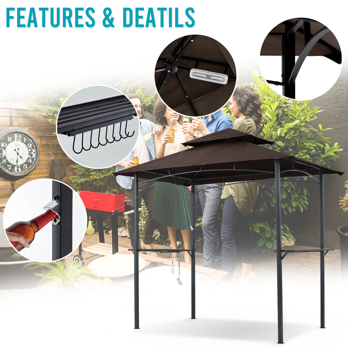 Brown Outdoor BBQ Grill Gazebo with LED Light X2790