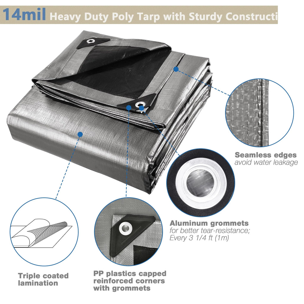 20x30' 14 Mil Heavy Duty Reinforced Poly Tarp Waterproof Cover R418