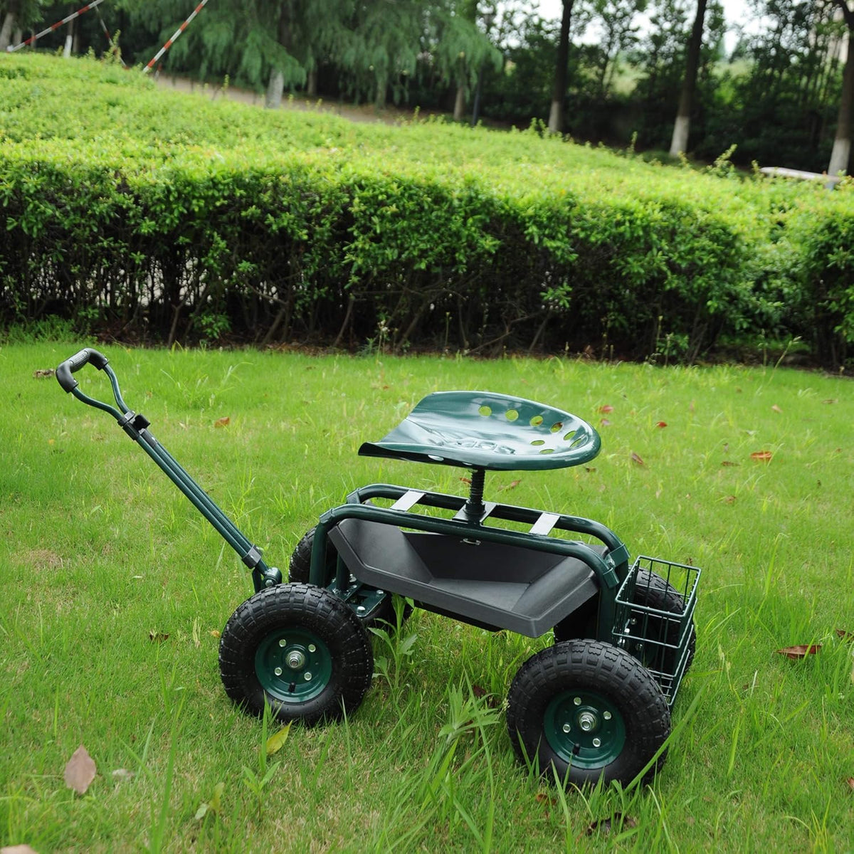 Green Steerable Garden Stool Cart with Tool Tray and Storage Basket on Wheels W83847