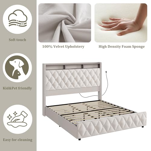 Queen Velvet Upholstered Bed Frame with 4 Storage Drawers, Beige G6066
