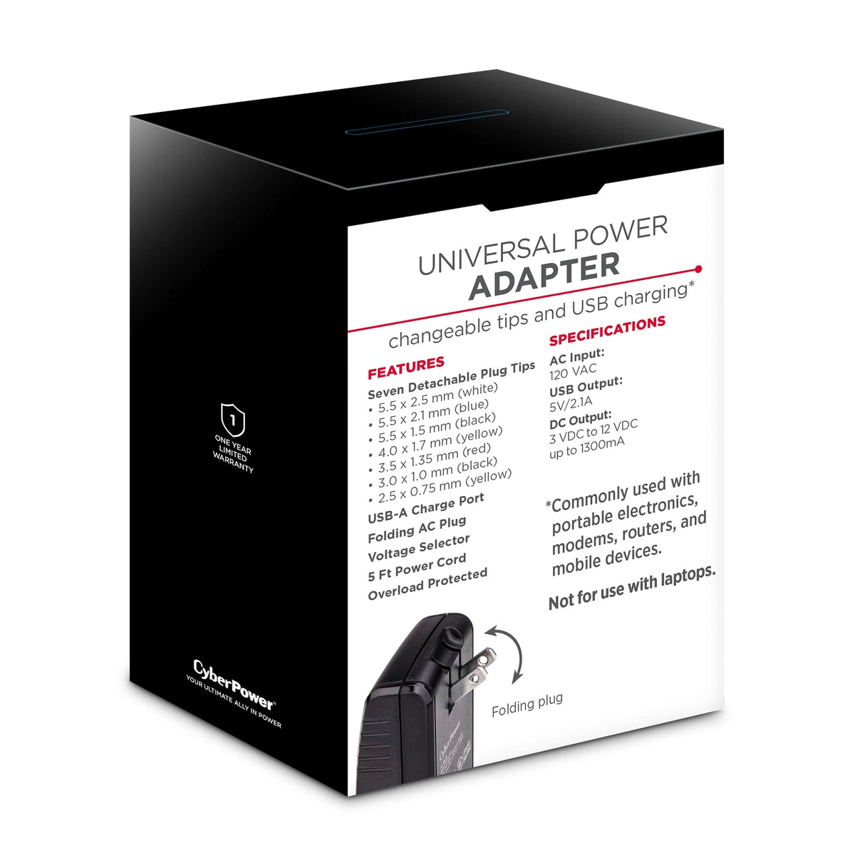 Universal Power Adapter 3 -12 Volt / 1300mA with Folding AC Plug and 2.1 Amp USB Charge Port D73794