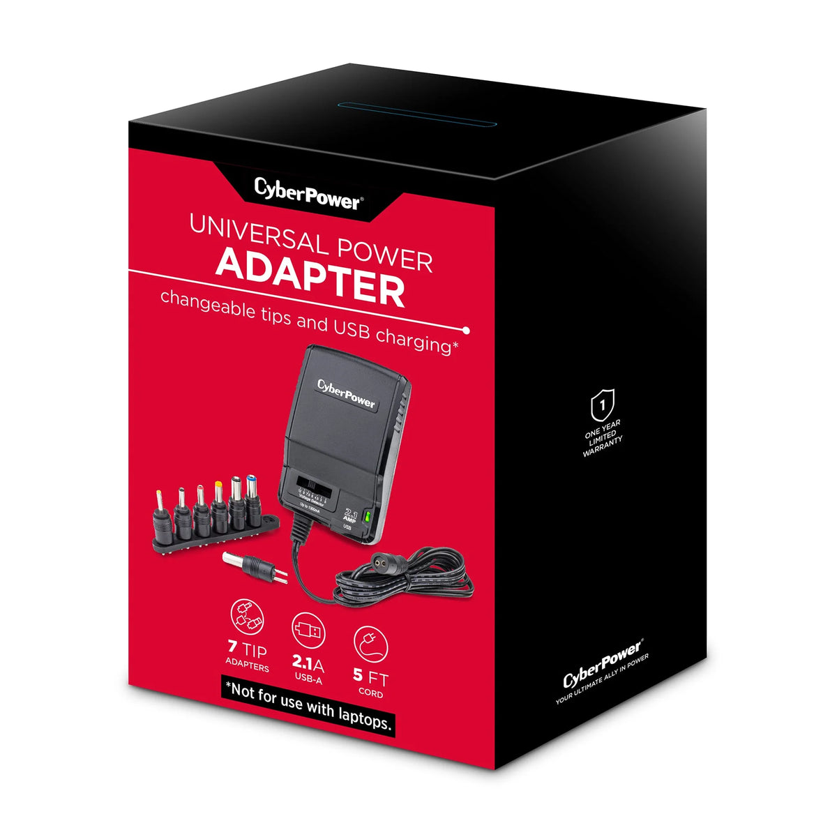 Universal Power Adapter 3 -12 Volt / 1300mA with Folding AC Plug and 2.1 Amp USB Charge Port D73794