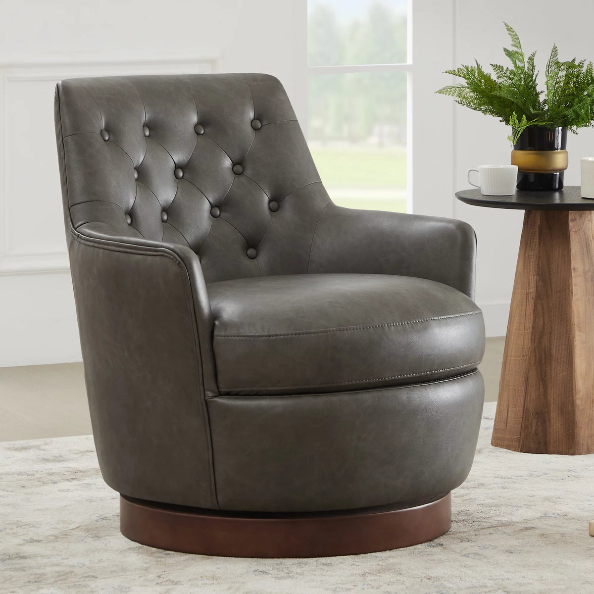 Dark Gray Faux Leather Swivel Barrel Accent Chair M9061