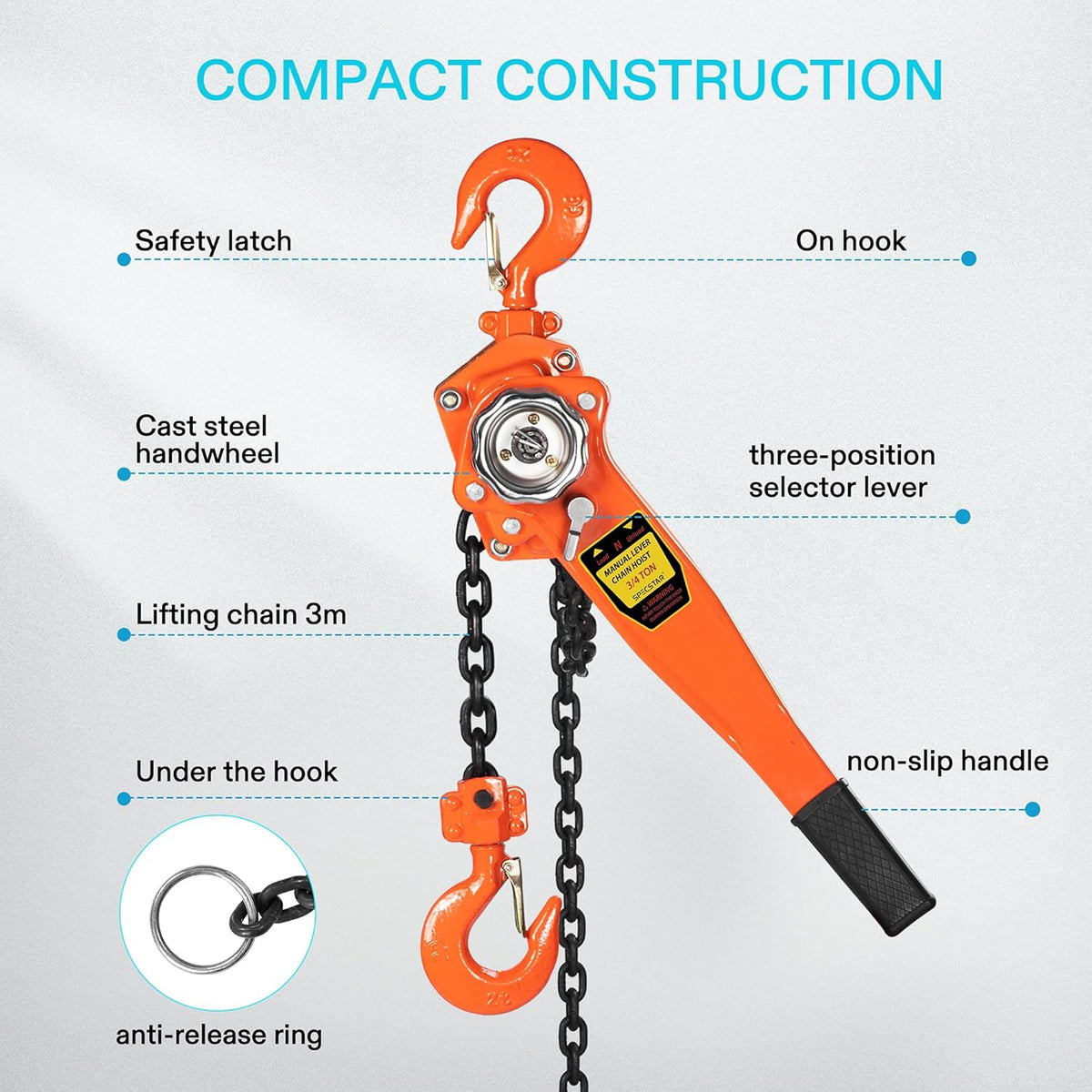 3/4 Ton Capacity 5 Feet Lever Chain Hoist with 2 Hooks J53385