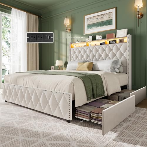Queen Velvet Upholstered Bed Frame with 4 Storage Drawers, Beige G6066
