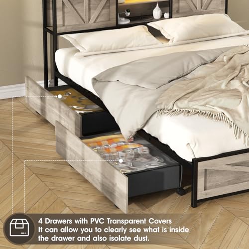 Queen Size Bed Frame with 4 Drawers LED Light and Headboard Storage Shelves, Wash Grey M85624