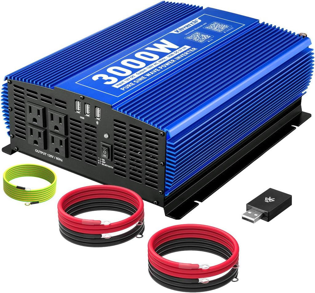 3000W Pure Sine Wave Power Inverter 12V DC to 110V AC with 4 AC Outlets 2 USB Ports H733