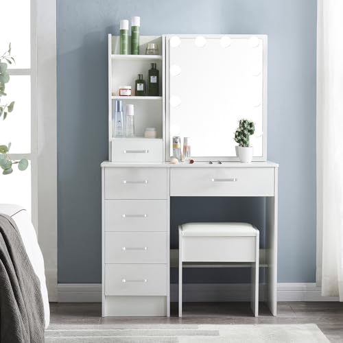 Makeup Vanity Desk with Lighted Mirror, 6 Drawers, and Upholstered Stool L9267