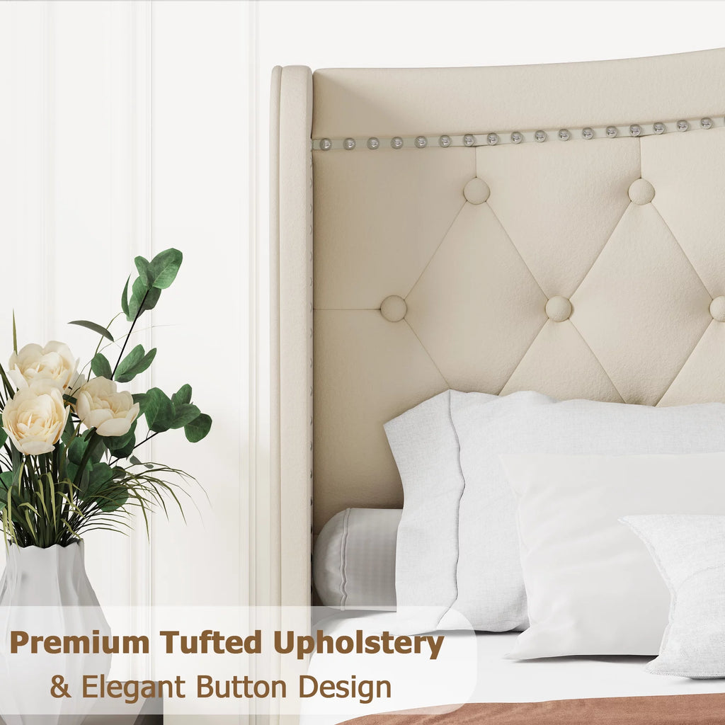 King Bed Frame with Wing-Back Button Tufted Upholstered Headboard D2126