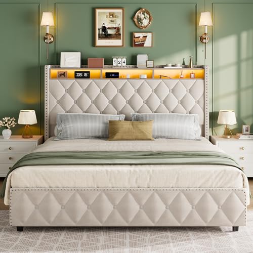 Queen Velvet Upholstered Bed Frame with 4 Storage Drawers, Beige G6066
