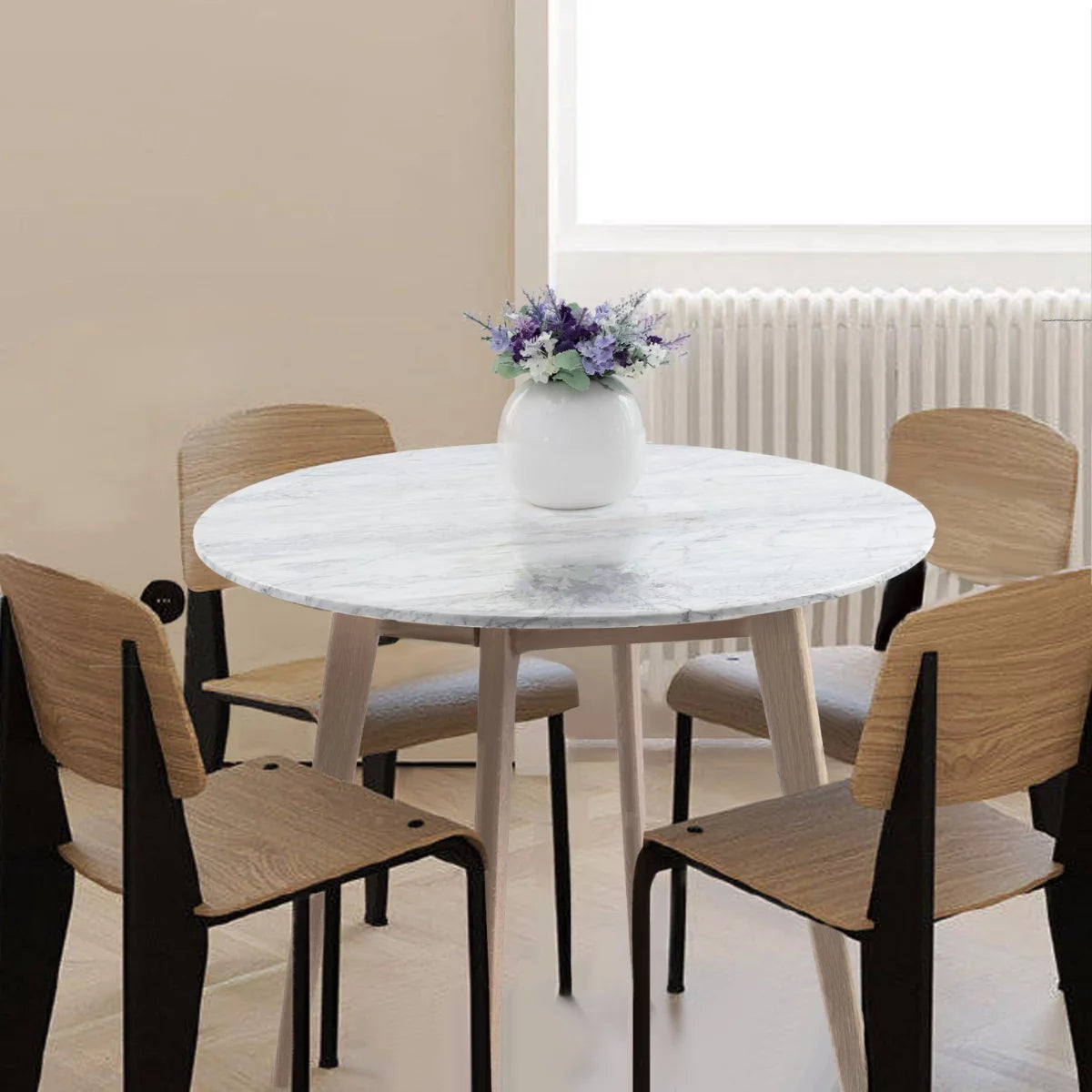 White and Beige Round Marble Dining Table F855923