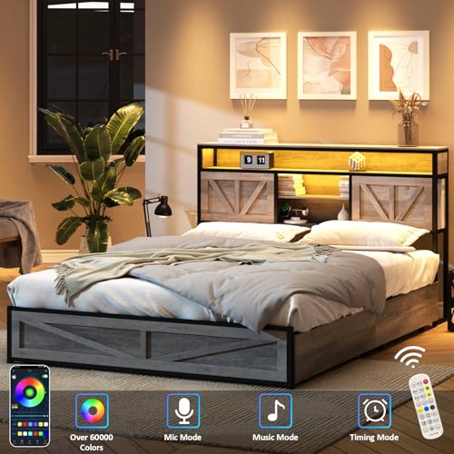 Queen Size Bed Frame with 4 Drawers LED Light and Headboard Storage Shelves, Wash Grey M85624