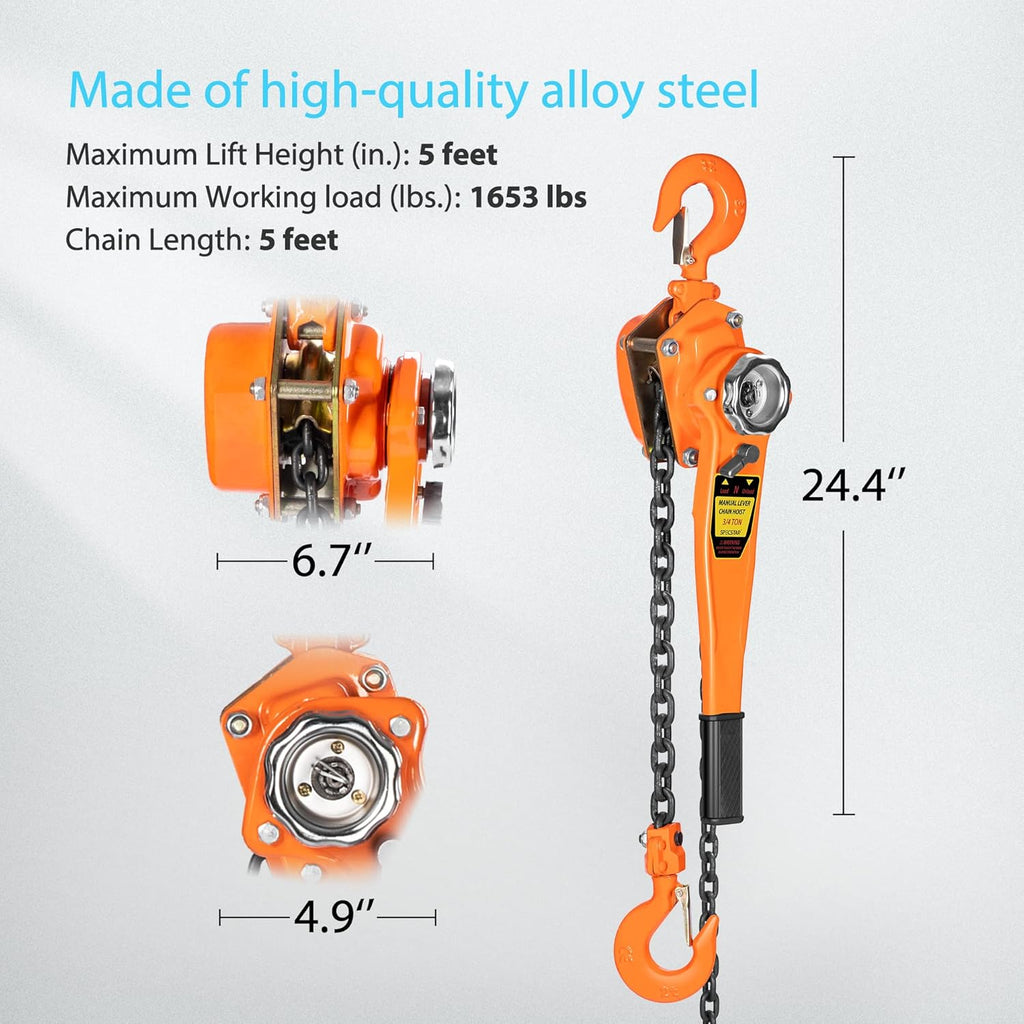 3/4 Ton Capacity 5 Feet Lever Chain Hoist with 2 Hooks J53385
