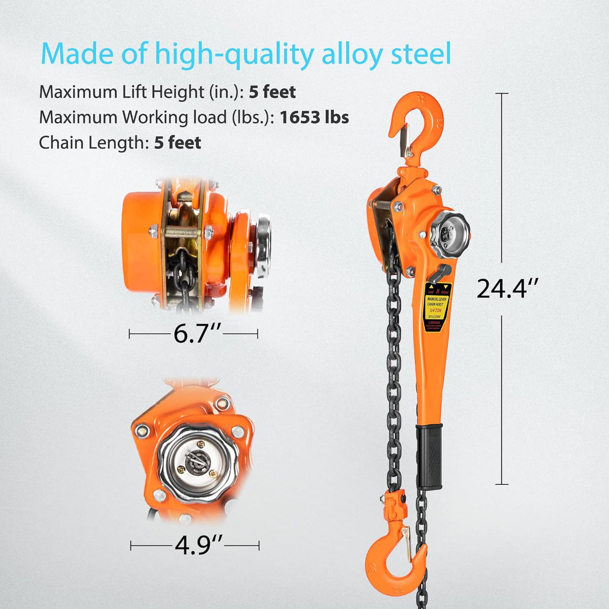 3/4 Ton Capacity 5 Feet Lever Chain Hoist with 2 Hooks J53385