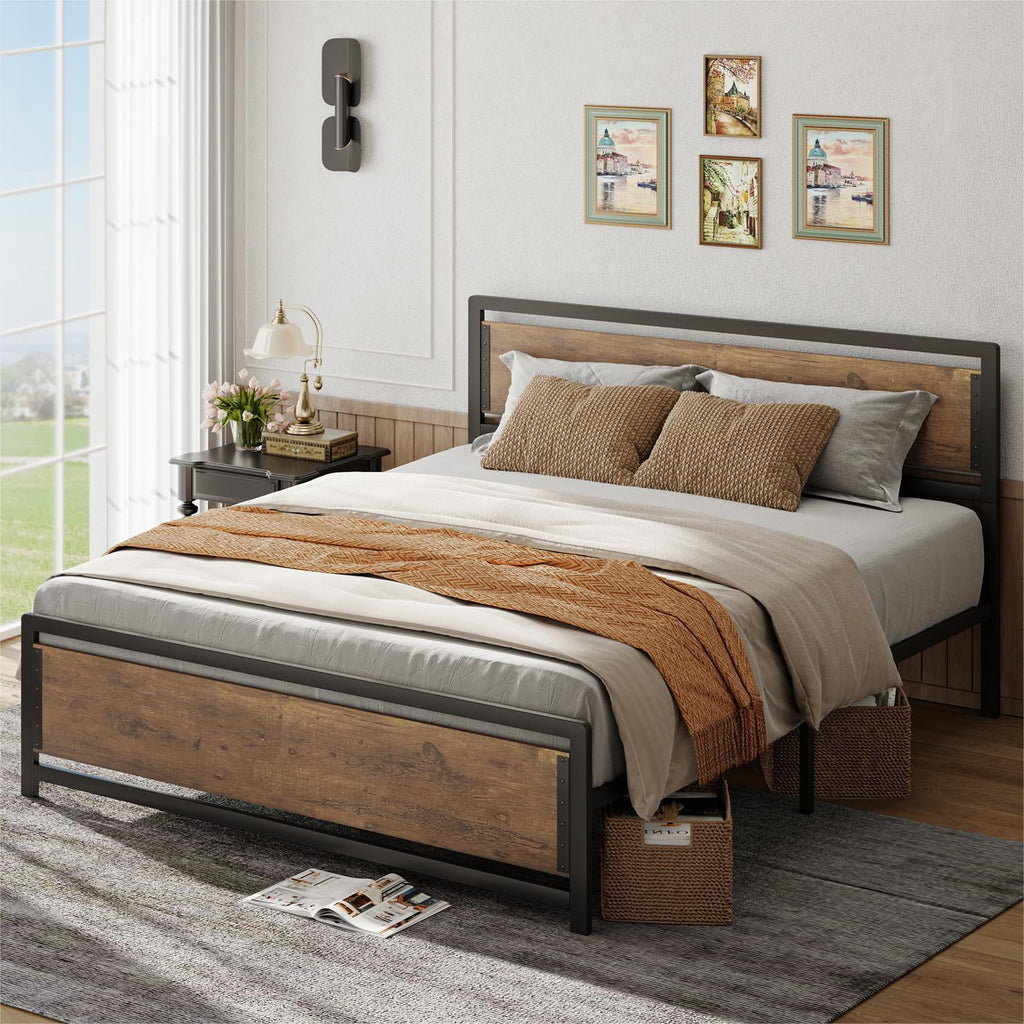 Queen Size Metal Platform Bed Frame with Wooden Headboard Footboard A44853
