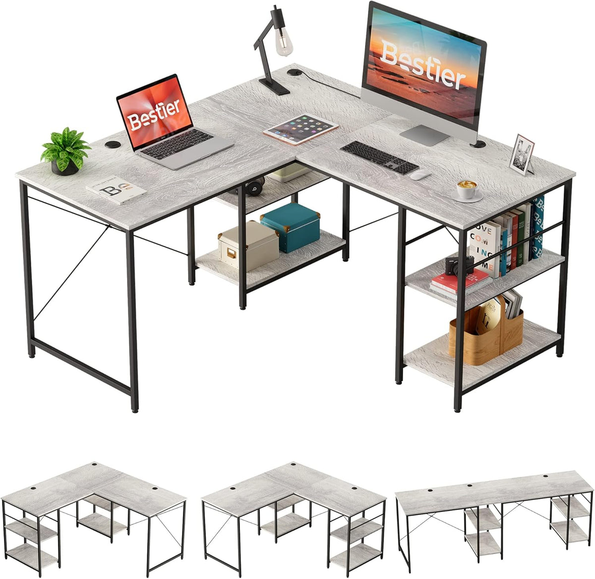 Grey Oak L Shaped Desk with Shelves 95.2 Inch Reversible Corner Computer Desk W42339