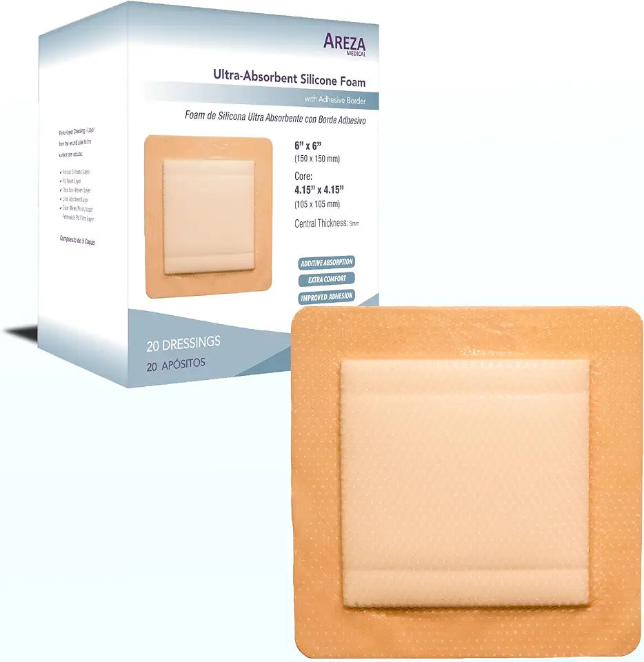 Sterile Waterproof Silicone Foam Wound Dressing with Adhesive Border 6" x 6" 20 PCS O683
