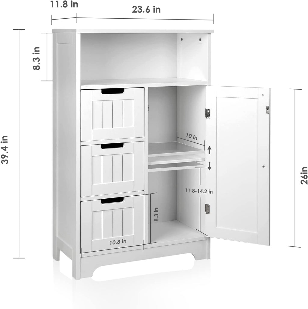 White Wood Bathroom Floor Cabinet with 3 Drawers and 1 Door I82588