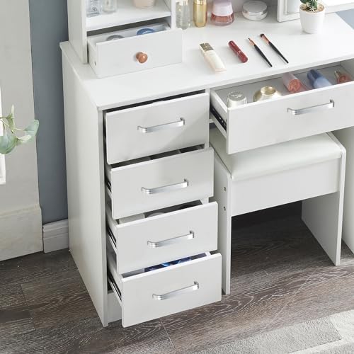Makeup Vanity Desk with Lighted Mirror, 6 Drawers, and Upholstered Stool L9267