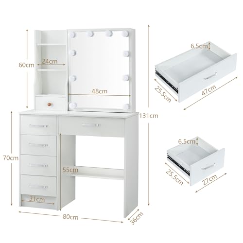 Makeup Vanity Desk with Lighted Mirror, 6 Drawers, and Upholstered Stool L9267