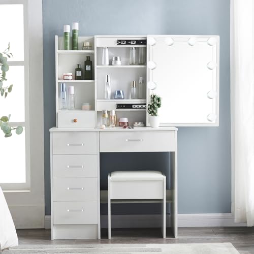 Makeup Vanity Desk with Lighted Mirror, 6 Drawers, and Upholstered Stool L9267