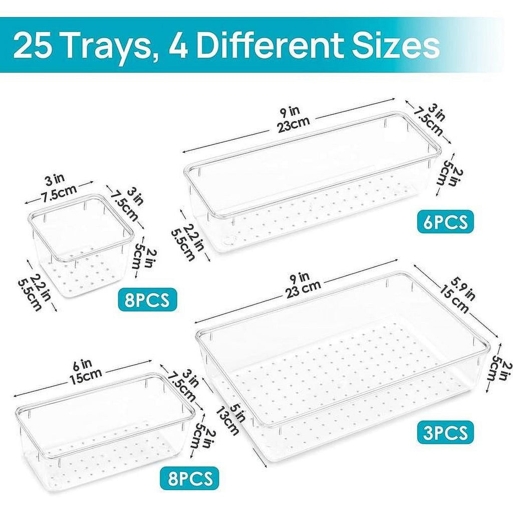 25 Count Clear Plastic Drawer Organizers Set, 4-Size Storage Bins F1185