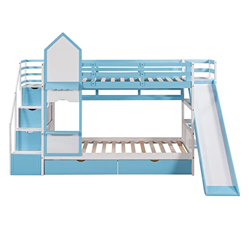 Gray Wood Twin Over Twin Floor Bunk Bed with Storage P9919
