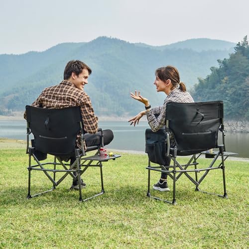 Black Portable Folding Camping Chair with Side Table, 400lbs C718