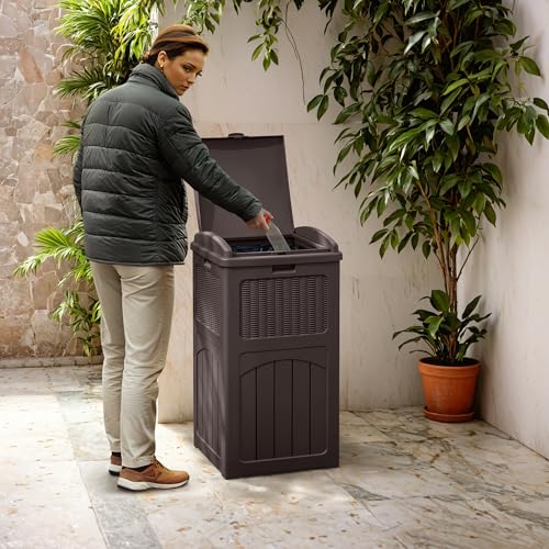33 Gallon Dark Brown Outdoor Trash Can with Lid D9875