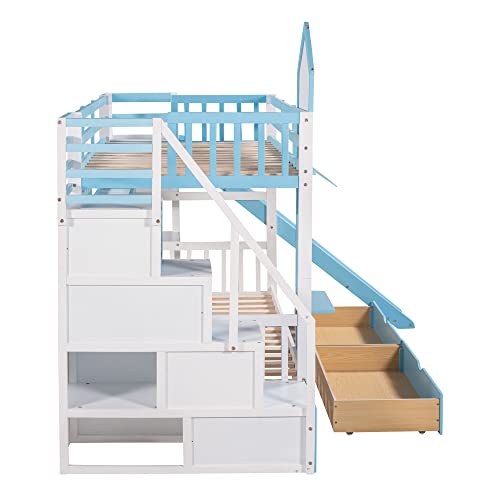Gray Wood Twin Over Twin Floor Bunk Bed with Storage P9919