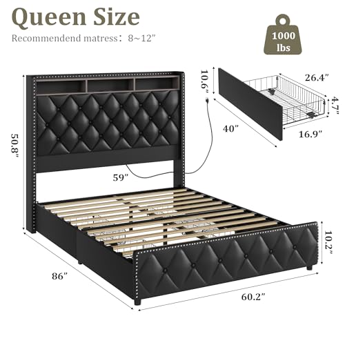 Queen Velvet Upholstered Bed Frame with 4 Storage Drawers, Beige G6066
